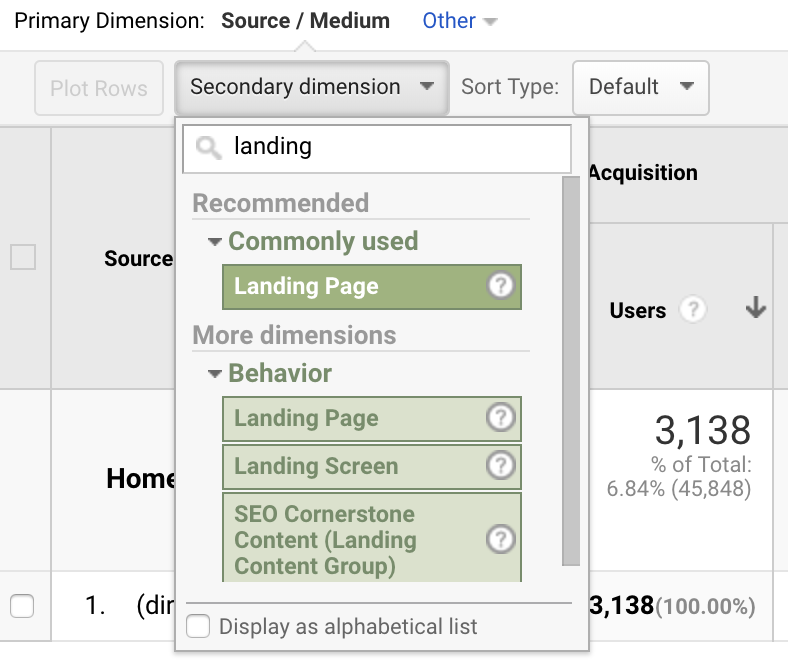 Secondary dimension of "landing page"